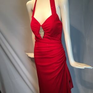 Halter top gathered floor length red dress